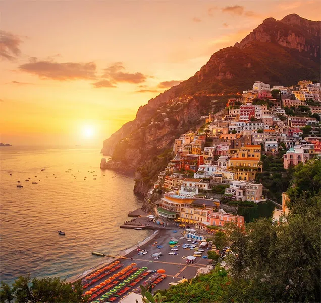 Colorful vertical cityscape of Positano by the sea