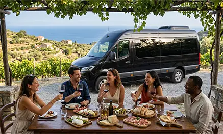 A luxury private food tour experience on the Amalfi Coast with guests tasting local cuisine at a vineyard table and a black Mercedes Sprinter van in the background