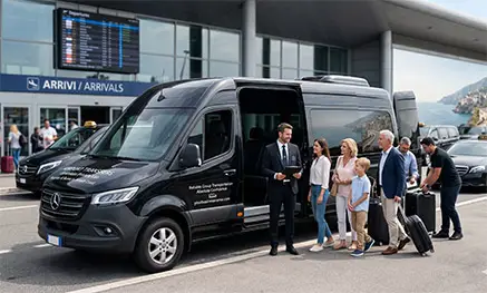 Luxury Mercedes Van and Minivan waiting for passengers at the airport terminal for an Amalfi Coast transfer