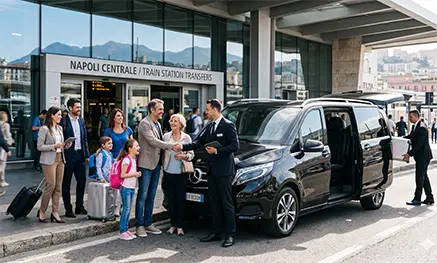 Chauffeur-driven minibus sprinter parked outside the train station ready for an Amalfi Coast group transfer
